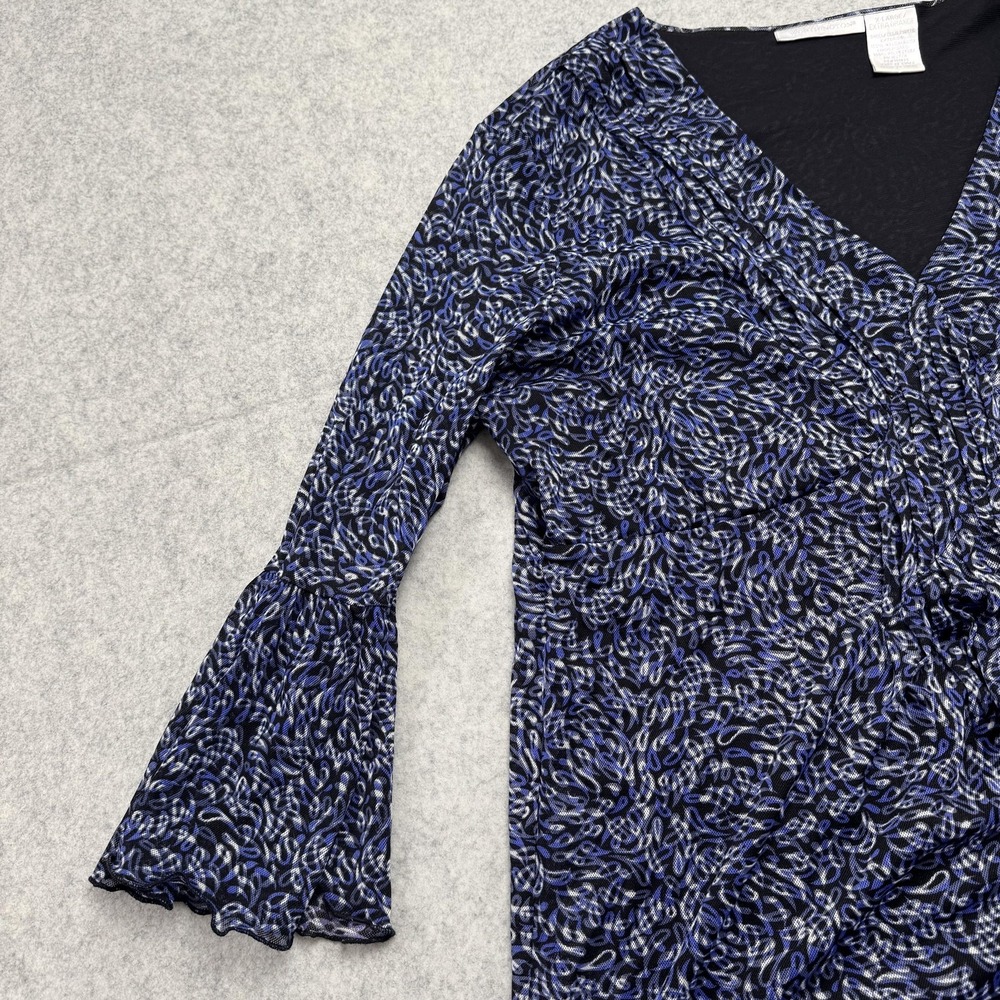 Worthington Blouse Womens XL Blue Geometric Bell 3/4 Sleeve V Neck Top - Picture 4 of 10